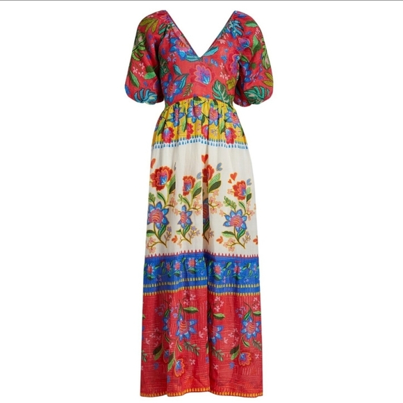 JOHNNY WAS Roumba Maxi Dress Floral Colorblock Sz XL Puff Sleeves Cut‎ Out Boho